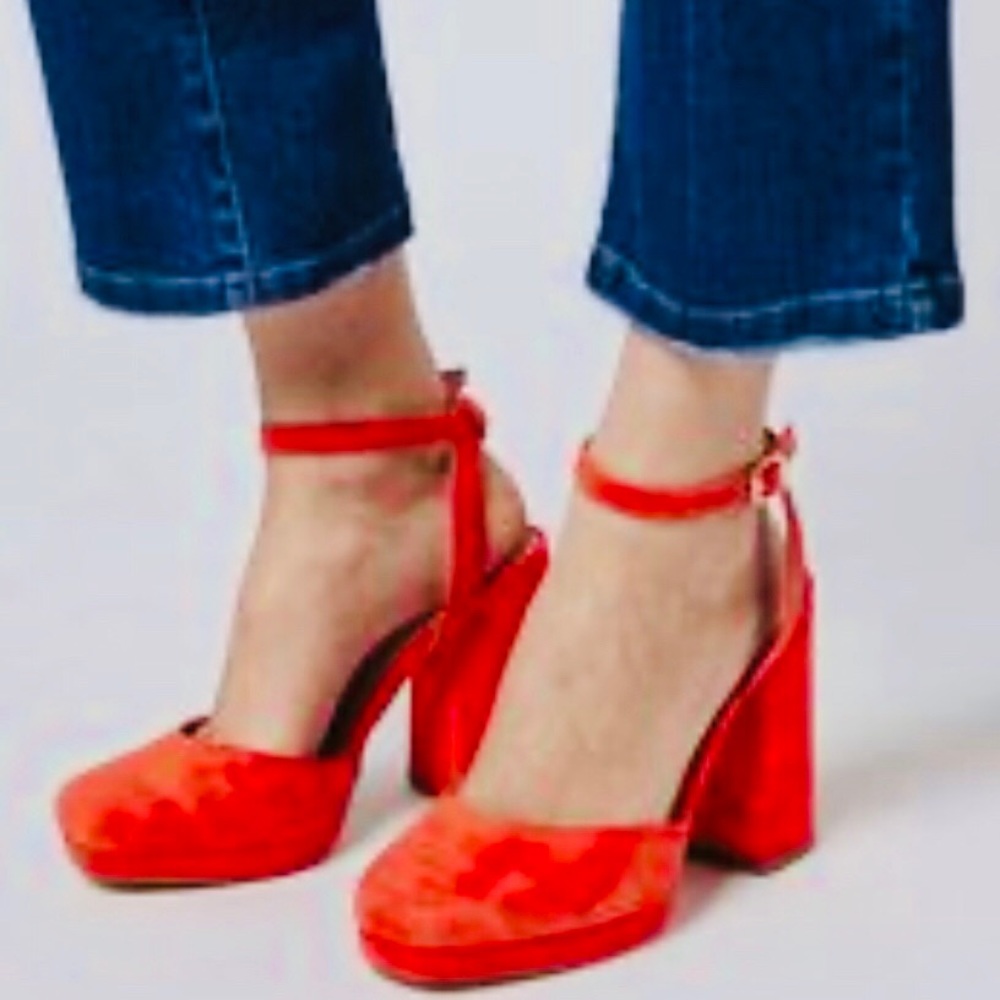 TopShop Suede Red Scarlet Chunky Platform Heels - Picture 5 of 13